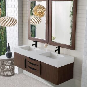 James Martin 389-V59D-CFO-MB-GW Mercer Island 59 Inch Double Vanity Cabinet with Glossy White Composite Top - Coffee Oak