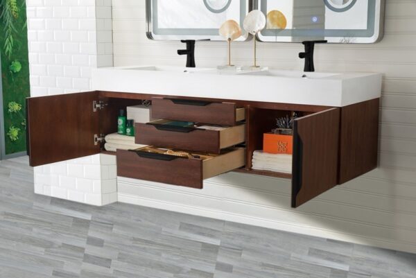 James Martin 389-V59D-CFO-MB-GW Mercer Island 59 Inch Double Vanity Cabinet with Glossy White Composite Top - Coffee Oak