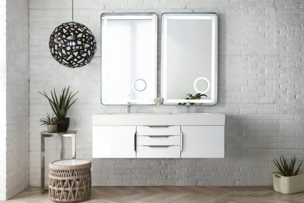 James Martin 389-V59D-GW-A-GW Mercer Island 59 Inch Double Vanity in Glossy White with Glossy White Solid Surface Top