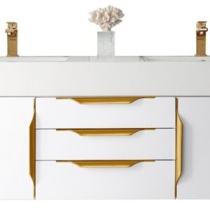 James Martin 389-V59D-GW-G-GW Mercer Island 59 Inch Double Vanity in Glossy White, Radiant Gold with Glossy White Solid Surface Top