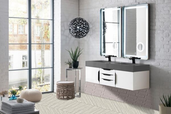 James Martin 389-V59D-GW-MB-DGG Mercer Island 59 Inch Double Vanity Cabinet with Dusk Grey Glossy Composite Top - Glossy White