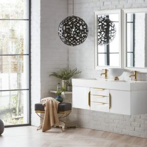 James Martin 389-V59D-GW-G-GW Mercer Island 59 Inch Double Vanity in Glossy White, Radiant Gold with Glossy White Solid Surface Top