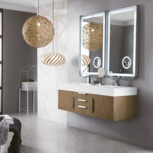 James Martin 389-V59D-LTO-A-GW Mercer Island 59 Inch Double Vanity in Latte Oak with Glossy White Solid Surface Top