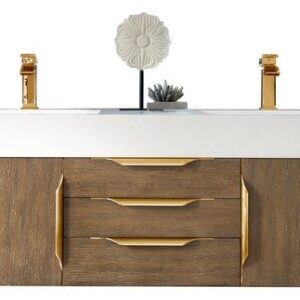 James Martin 389-V59D-LTO-G-DGG Mercer Island 59 Inch Double Vanity in Latte Oak, Radiant Gold with Glossy Dark Gray Solid Surface Top