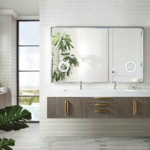 James Martin 389-V72D-AGR-G-GW Mercer Island 72 Inch Double Vanity in Ash Gray, Radiant Gold with Glossy White Solid Surface Top