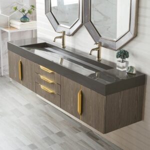 James Martin 389-V72D-AGR-G-GW Mercer Island 72 Inch Double Vanity in Ash Gray, Radiant Gold with Glossy White Solid Surface Top