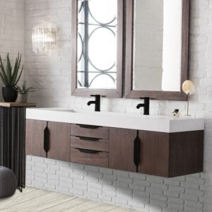 James Martin 389-V72D-CFO-MB-GW Mercer Island 72 1/2 Inch Double Vanity Cabinet with Glossy White Composite Top - Coffee Oak