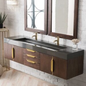 James Martin 389-V72D-CFO-G-GW Mercer Island 72 Inch Double Vanity in Coffee Oak, Radiant Gold with Glossy White Solid Surface Top