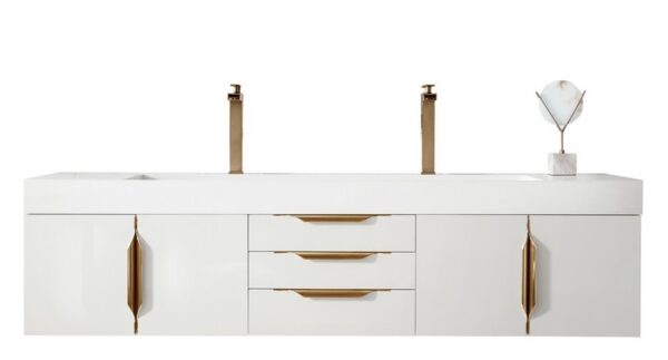 James Martin 389-V72D-GW-G-GW Mercer Island 72 Inch Double Vanity in Glossy White, Radiant Gold with Glossy White Solid Surface Top