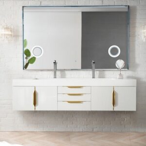 James Martin 389-V72D-GW-G Mercer Island 72 Inch Double Vanity in Glossy White, Radiant Gold