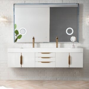 James Martin 389-V72D-GW-G Mercer Island 72 Inch Double Vanity in Glossy White, Radiant Gold