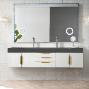 James Martin 389-V72D-GW-G-GW Mercer Island 72 Inch Double Vanity in Glossy White, Radiant Gold with Glossy White Solid Surface Top