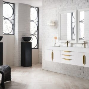 James Martin 389-V72D-GW-G-GW Mercer Island 72 Inch Double Vanity in Glossy White, Radiant Gold with Glossy White Solid Surface Top