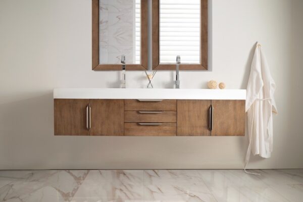 James Martin 389-V72D-LTO-A-GW Mercer Island 72 Inch Double Vanity in Latte Oak with Glossy White Solid Surface Top