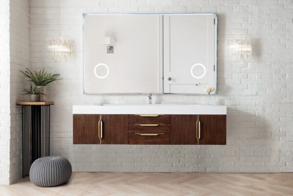 James Martin 389-V72S-CFO-G-GW Mercer Island 72 Inch Single Vanity in Coffee Oak, Radiant Gold with Glossy White Solid Surface Top