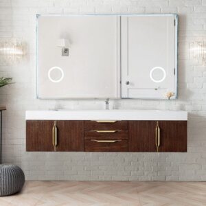 James Martin 389-V72S-CFO-G-GW Mercer Island 72 Inch Single Vanity in Coffee Oak, Radiant Gold with Glossy White Solid Surface Top