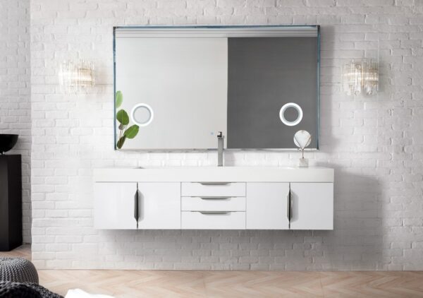 James Martin 389-V72S-GW-A-GW Mercer Island 72 Inch Single Vanity in Glossy White with Glossy White Solid Surface Top