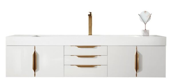 James Martin 389-V72S-GW-G-GW Mercer Island 72 Inch Single Vanity in Glossy White, Radiant Gold with Glossy White Solid Surface Top