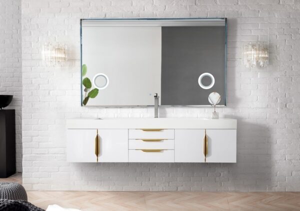 James Martin 389-V72S-GW-G-GW Mercer Island 72 Inch Single Vanity in Glossy White, Radiant Gold with Glossy White Solid Surface Top