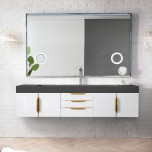 James Martin 389-V72S-GW-G-GW Mercer Island 72 Inch Single Vanity in Glossy White, Radiant Gold with Glossy White Solid Surface Top