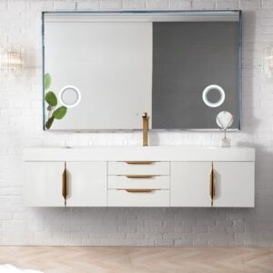 James Martin 389-V72S-GW-G-DGG Mercer Island 72 Inch Single Vanity in Glossy White, Radiant Gold with Glossy Dark Gray Solid Surface Top