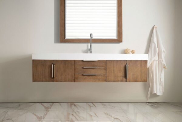 James Martin 389-V72S-LTO-A-GW Mercer Island 72 Inch Single Vanity in Latte Oak with Glossy White Solid Surface Top