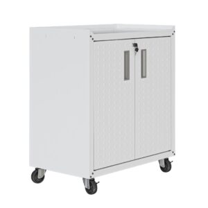 Manhattan Comfort Fortress Textured Metal 31.5" Garage Mobile Cabinet with 2 Adjustable Shelves in White