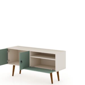 Manhattan Comfort Tribeca 53.94 Mid-Century Modern TV Stand with Solid Wood Legs in Off White and Green Mint