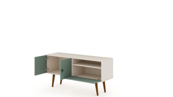 Manhattan Comfort Tribeca 53.94 Mid-Century Modern TV Stand with Solid Wood Legs in Off White and Green Mint