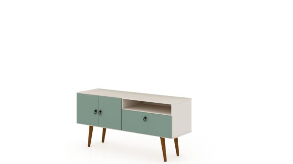 Manhattan Comfort Tribeca 53.94 Mid-Century Modern TV Stand with Solid Wood Legs in Off White and Green Mint