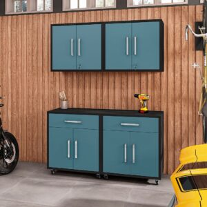 Manhattan Comfort Eiffel 4-Piece Garage Storage Set in Matte Black and Aqua Blue