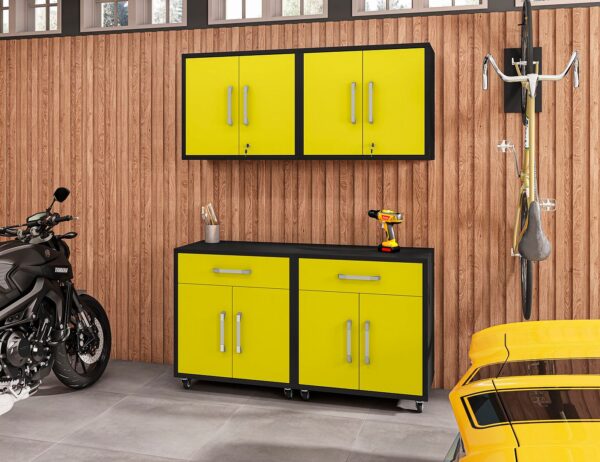 Manhattan Comfort Eiffel 4-Piece Garage Storage Set in Matte Black and Yellow