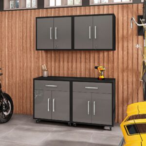 Manhattan Comfort Eiffel 4-Piece Garage Storage Set in Matte Black and Grey