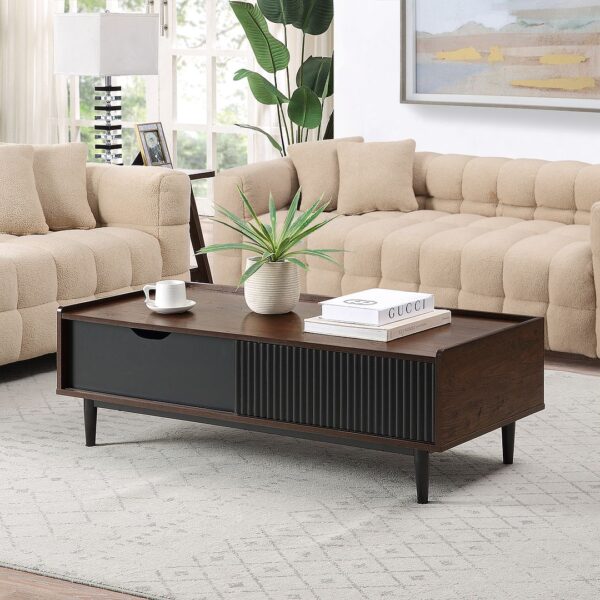 Manhattan Comfort Duane Modern Ribbed 4 Piece Living Room Set: Sideboard, TV Stand, Coffee Table, End Table in Dark Brown and Black