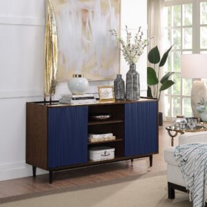 Manhattan Comfort Duane Modern Ribbed 4 Piece Living Room Set: Sideboard, TV Stand, Coffee Table, End Table in Dark Brown and Navy Blue