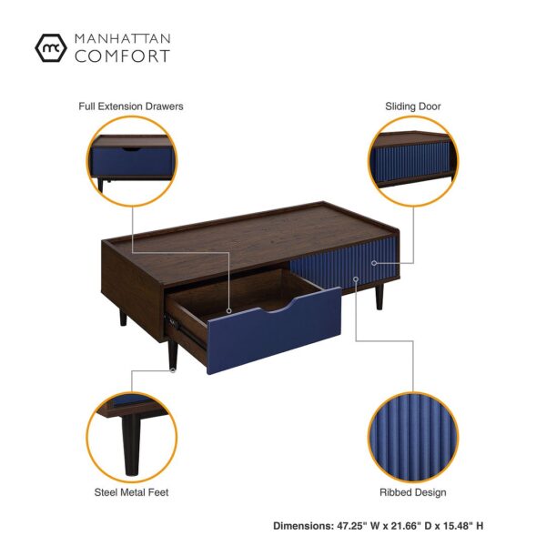 Manhattan Comfort Duane Modern Ribbed 4 Piece Living Room Set: Sideboard, TV Stand, Coffee Table, End Table in Dark Brown and Navy Blue