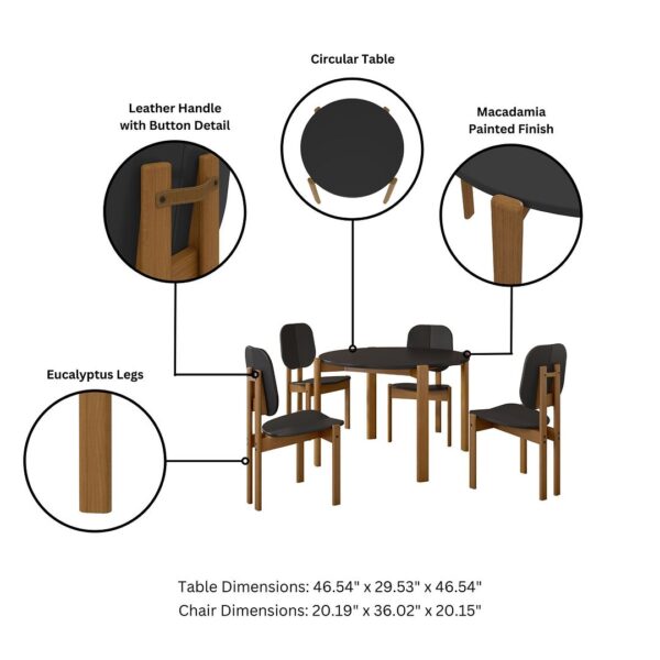 Manhattan Comfort Mid-Century Modern Gales Round 46.54 Dining Table with Solid Wood Legs in Black - Set of 5