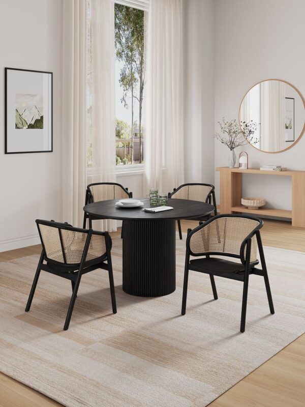 Manhattan Comfort 5-Piece Hathaway Modern 47.24 Solid Wood Round Dining Set in Black with 4 Versailles Cane Dining Chairs