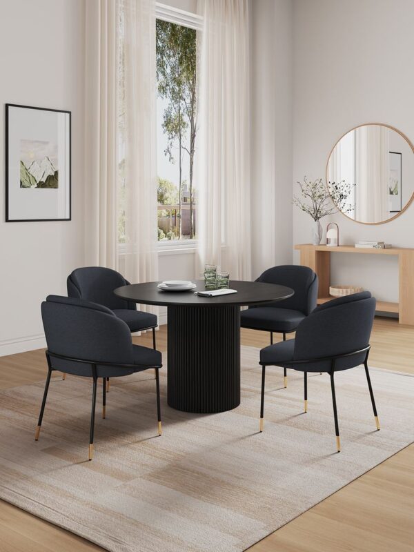 Manhattan Comfort 5-Piece Hathaway Modern 47.24 Solid Wood Round Dining Set in Black with 4 Flor Velvet Upholstered Dining Chairs in Black