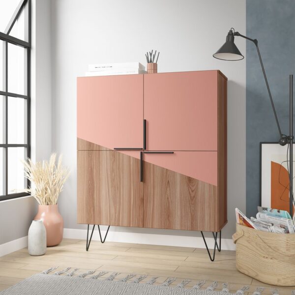 Manhattan Comfort Beekman 43.7 Low Cabinet with 4 Shelves in Brown and Pink