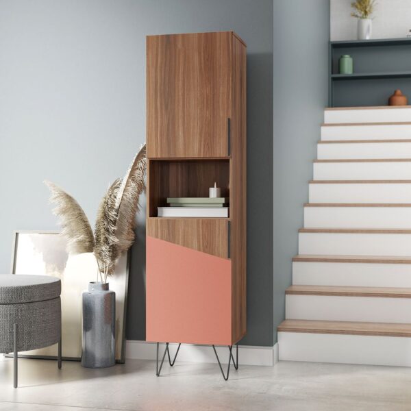 Manhattan Comfort Beekman 17.51 Narrow Bookcase Cabinet with 5 Shelves in Brown and Pink