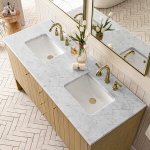 James Martin 435-V60D-LNO-3CAR Hudson 60 Inch Light Natural Oak Double Sink Vanity with 3 cm Carrara Marble Top