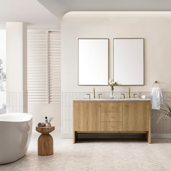 James Martin 435-V60D-LNO-3EJP Hudson 60 Inch Light Natural Oak Double Sink Vanity with 3 cm Eternal Jasmine Pearl Top