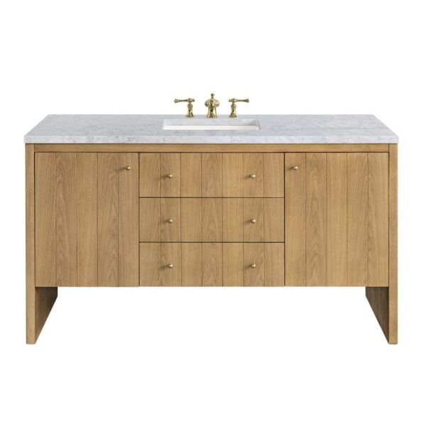 James Martin 435-V60S-LNO-3CAR Hudson 60 Inch Light Natural Oak Single Sink Vanity with 3 cm Carrara Marble Top