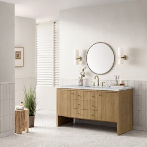 James Martin 435-V60S-LNO-3CAR Hudson 60 Inch Light Natural Oak Single Sink Vanity with 3 cm Carrara Marble Top