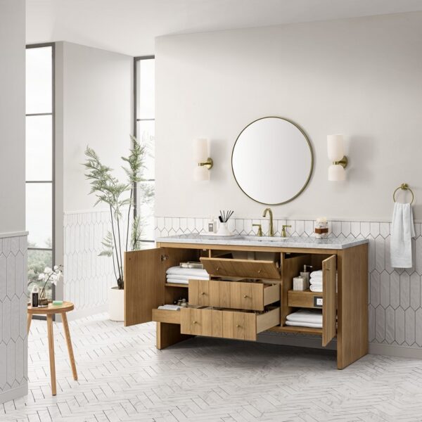 James Martin 435-V60S-LNO-3EJP Hudson 60 Inch Light Natural Oak Single Sink Vanity with 3 cm Eternal Jasmine Pearl Top