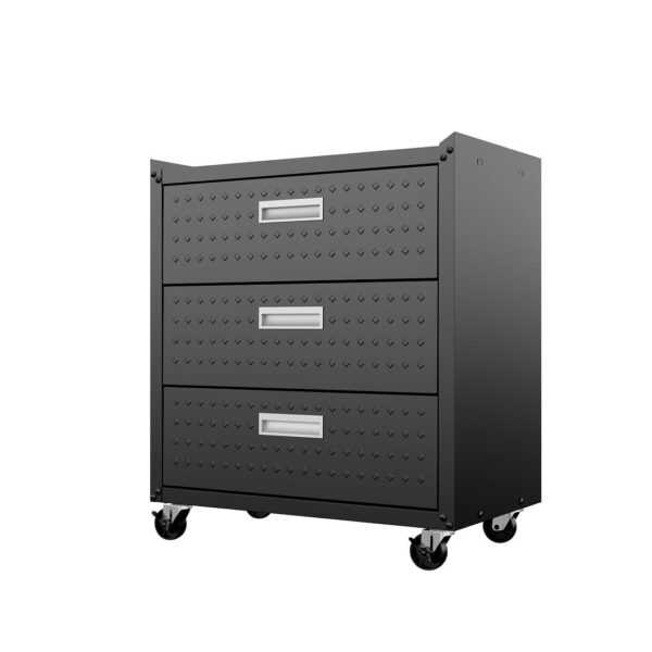 Manhattan Comfort Fortress Textured Metal 31.5" Garage Mobile Chest with 3 Full Extension Drawers in Charcoal Grey