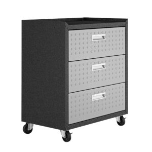 Manhattan Comfort Fortress Textured Metal 31.5" Garage Mobile Chest with 3 Full Extension Drawers in Grey