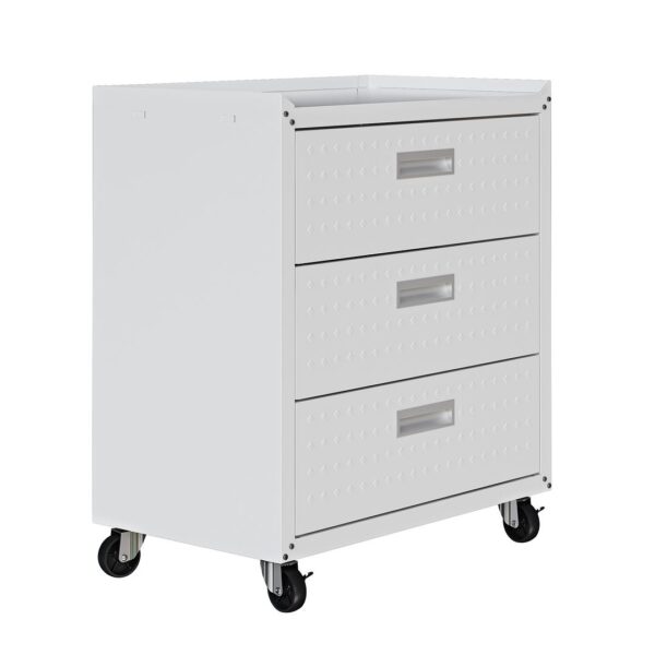 Manhattan Comfort Fortress Textured Metal 31.5" Garage Mobile Chest with 3 Full Extension Drawers in White