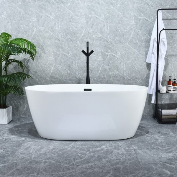 Altair 51659-BAT-WH-FB Rauris 59 1/8 x 28 3/8 Inch Flatbottom Freestanding Acrylic Soaking Bathtub with Drain and Overflow - Glossy White